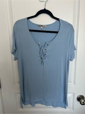 Seven7 Light Blue Lace-Up Scoop Neck Short Sleeve Top